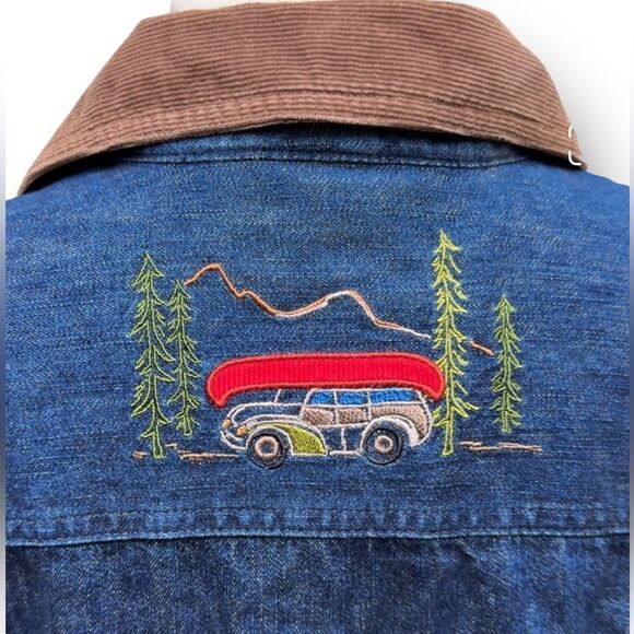 Denim Jacket Camping Embroidered Camp Scene Corduroy Collar Cuffs Blue Medium - Picture 4 of 9